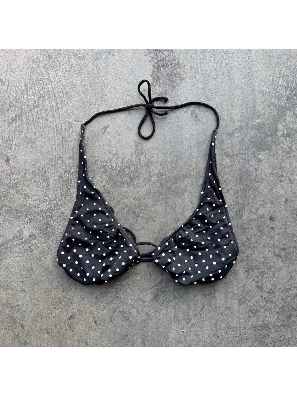 Vintage Y2K Split Womens Black White Polka Dot Halter Bikini Top Surf Swimwear